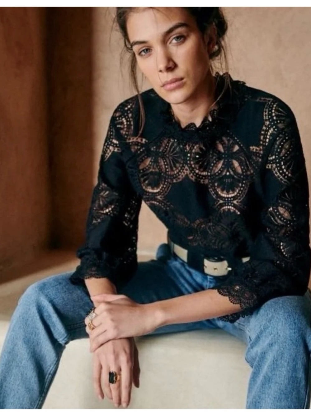 NWOT: Sezane Bacall Black Lace Blouse US 2 FR 34